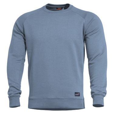 Blue crewneck sweater with long sleeves and ribbed cuffs and hem