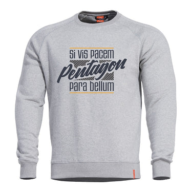 Light gray crewneck sweater with Si Vis Pacem Pentagon graphic on chest