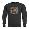 Black crewneck sweater with 'Train Your Passion' front graphic