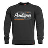 Black crewneck sweater with 'Pentagon' graphic front and ribbed cuffs