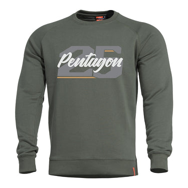 Olive green crewneck sweater with 'Pentagon' logo graphic and ribbed hem