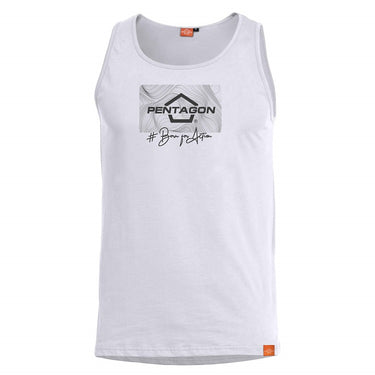 White tank top with crew neck and Pentagon logo graphic