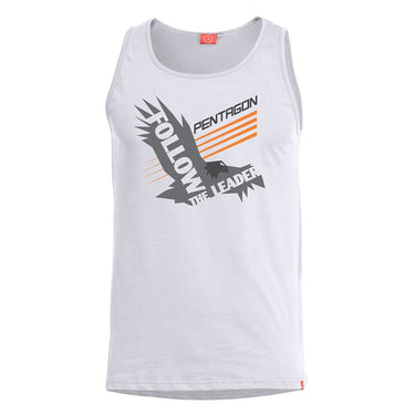 White tank top with round neck and large Pentagron 'Follow The Leader' graphic.