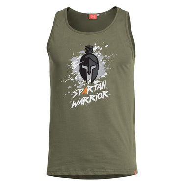 Olive green tank top with crew neck and Spartan-style helmet graphic on front