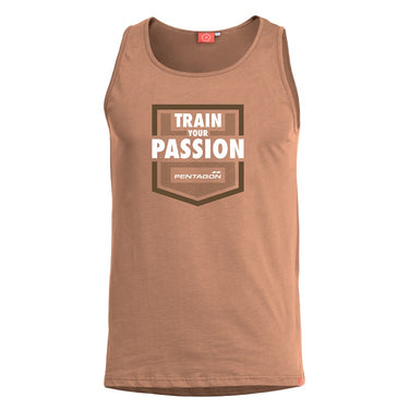 Astir tank top, coyote brown, crew neck, Train Your Passion front logo