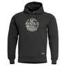 Black pullover hoodie with front graphic badge, drawstring hood, and kangaroo pocket