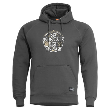 Dark gray pullover hoodie with front graphic badge, drawstring hood, and kangaroo pocket