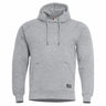 Heather gray hooded sweatshirt with drawstrings and front kangaroo pocket