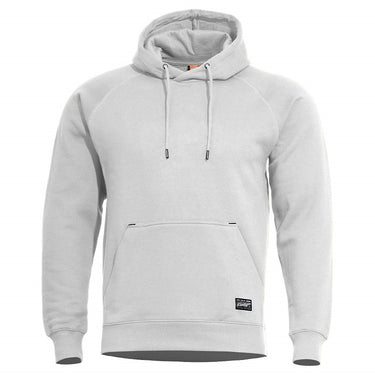 Light gray hooded sweatshirt with drawstrings and front kangaroo pocket