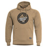 Tan hooded sweater with kangaroo pocket and Adventure Maniac logo graphic