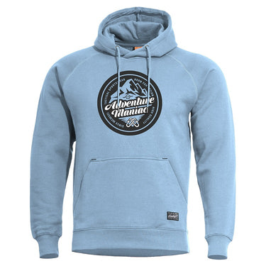 Light blue hooded sweater with kangaroo pocket and Adventure Maniac logo graphic