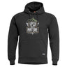 Black pullover hoodie with graphic chest logo, attached hood, and kangaroo pocket