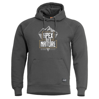 Dark gray pullover hoodie with graphic chest logo, attached hood, and kangaroo pocket