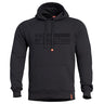 Black hooded sweater with front kangaroo pocket, drawstring, and chest graphic print