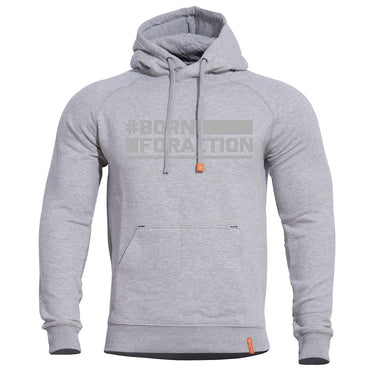Light gray hooded sweater with front kangaroo pocket, drawstring, and chest graphic print