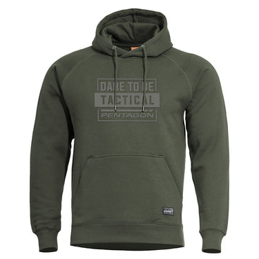 Dark green hooded sweatshirt with front pouch pocket, drawstring hood, Pentagon logo print