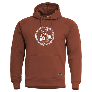 Maroon red hooded sweatshirt with front pocket and Dare to Tactical chest logo