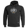 Black hooded sweatshirt with front logo graphic and kangaroo pocket, drawstring hood