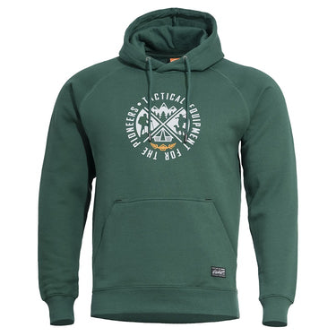 Green hooded sweatshirt with front logo graphic, kangaroo pocket and drawstring hood