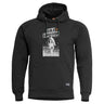 Black hooded sweatshirt with front graphic, kangaroo pocket and drawstring hood