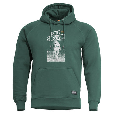Green hooded sweatshirt with front graphic, kangaroo pocket and drawstring hood