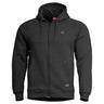 Black zip-up hooded sweater with drawstring, front pockets, long sleeves, chest logo.