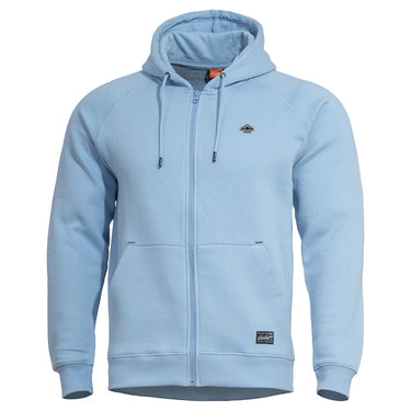 Light blue zip-up hooded sweater with drawstring, front pockets, long sleeves, chest logo.