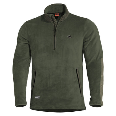 Camo green half-zip fleece sweater with small chest logo and front pouch