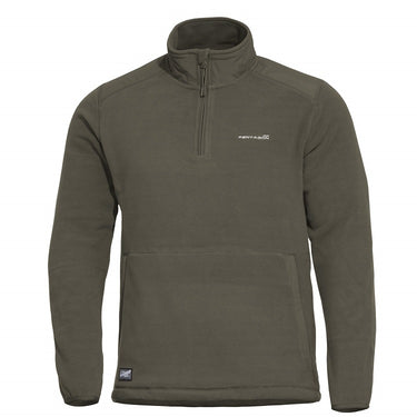 Olive green fleece half-zip sweater with front pouch pocket