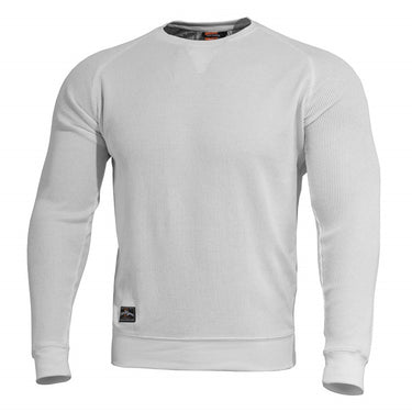 Light gray crewneck pullover sweater with ribbed cuffs and hem