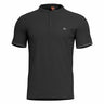 Black henley shirt with short sleeves, button placket, and small chest logo