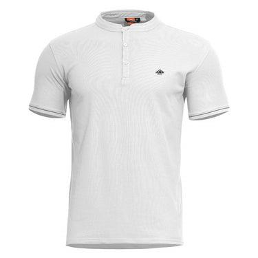 White henley shirt with short sleeves, button placket, and small chest logo