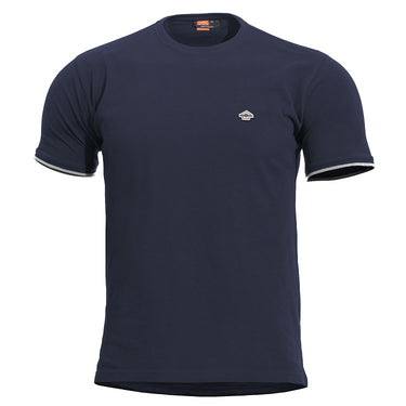 Navy crewneck T-shirt with small chest logo and striped sleeve cuffs