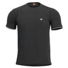 Black crewneck T-shirt with small chest logo and striped sleeve cuffs