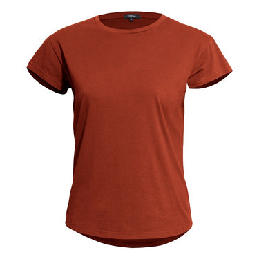 Maroon red ladies crew-neck tee with short sleeves and back neck label