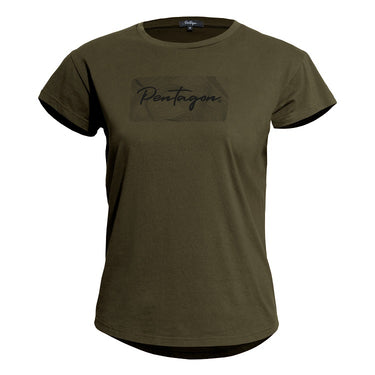 Dark olive ladies tee with Pentagon logo graphic on chest