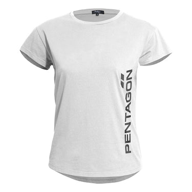 White ladies crew-neck tee with vertical Pentagon logo graphic at side seam