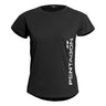 Black ladies crew-neck tee with vertical Pentagon logo graphic along side seam