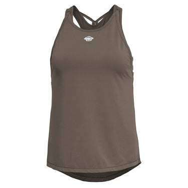 Women's athletic mesh tank top, gray-brown racerback with small chest logo