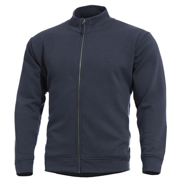 Midnight blue highneck zip sweater, long sleeves, stand collar