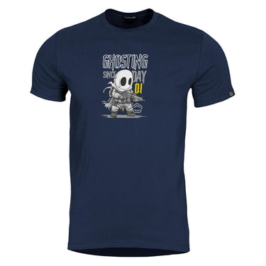 Midnight blue crewneck T-shirt with 'Ghosting' graphic and mascot print at center
