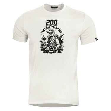 White crew-neck short-sleeve T-shirt with large front dinosaur graphic