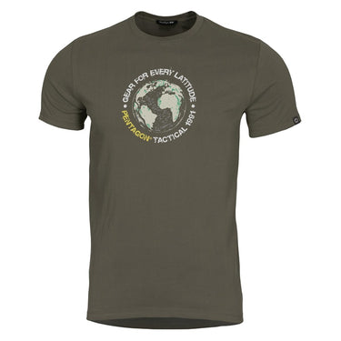Olive crew-neck T-shirt with front globe logo graphic