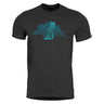 Black T-shirt with teal wireframe pentagon graphic on chest