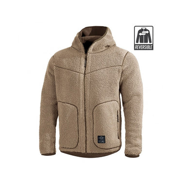 Reversible sherpa fleece jacket in tan color, zip front, hood, flap pockets