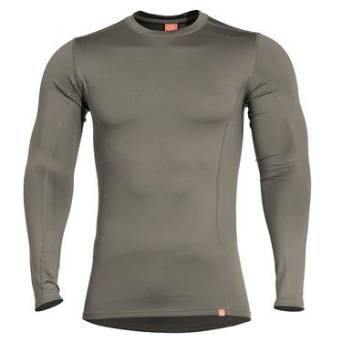 Thermal long-sleeve shirt, olive-gray crew neck with fitted stretch fit
