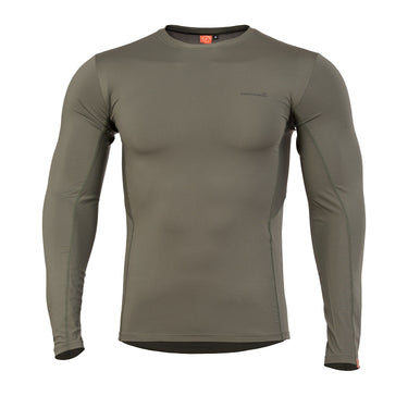 Olive long-sleeve crewneck activity T-shirt with fitted stretch design.