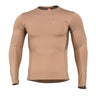 Tan long-sleeve crewneck activity T-shirt with fitted stretch design.