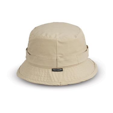 Khaki canvas bucket hat with wide brim and center-stitched crown