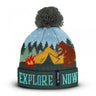 Multicolor knit beanie cap with pom-pom, blue front graphic and 'EXPLORE NOW' band